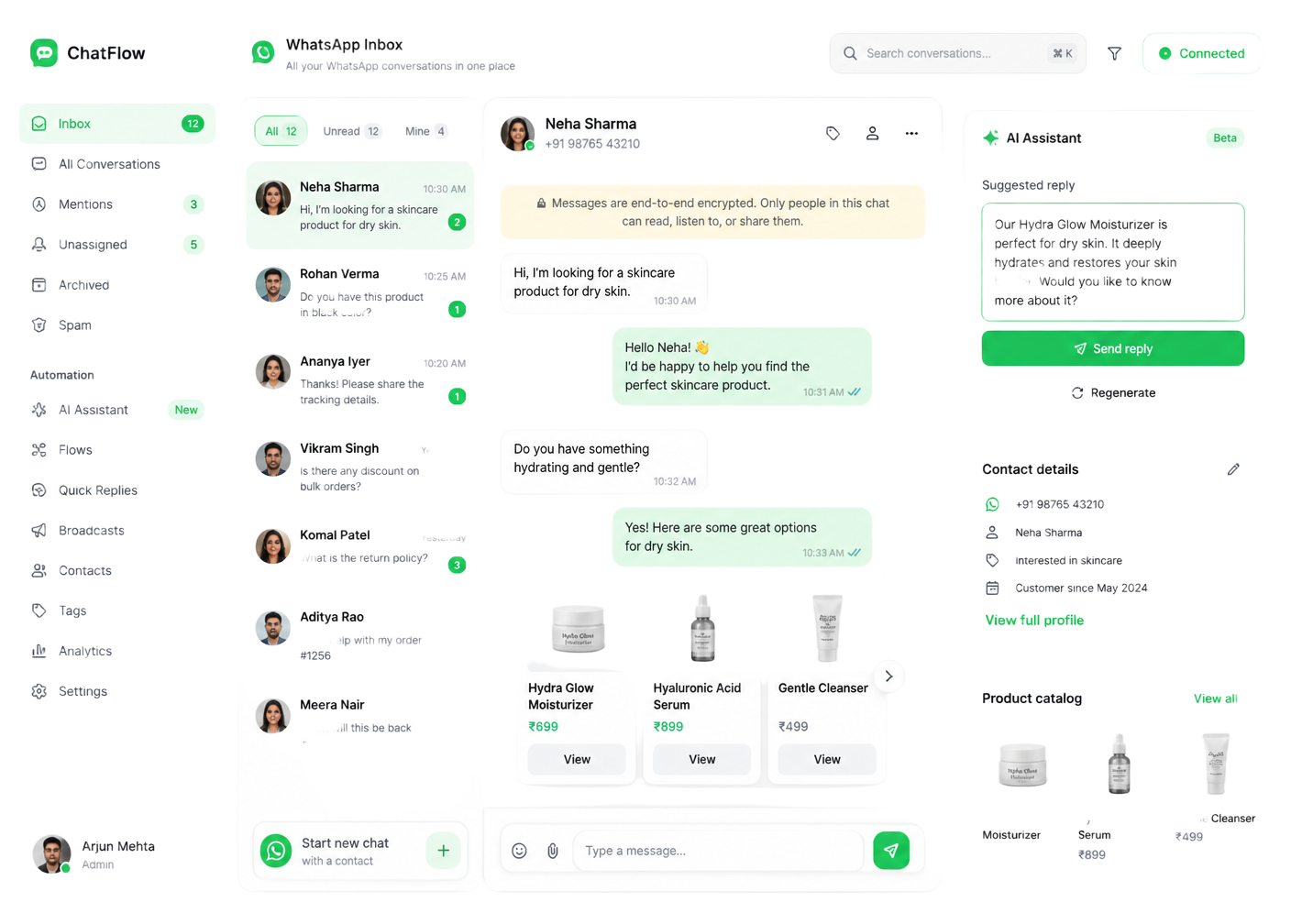 Sokoos unified WhatsApp inbox with an AI Employee and product catalogue